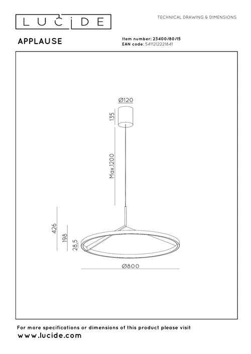 Lucide APPLAUSE - Pendant light - Ø 80 cm - LED Dim. - CCT - 1x50W 2700K/4000K - Hand Wave Sensor - Grey iron | Premium - technical